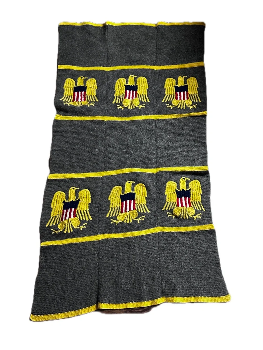 Handmade ~ Vintage ~ Gray ~ Patriotic/ Army Gold Eagle Embroidery ~ Wool Blanket
